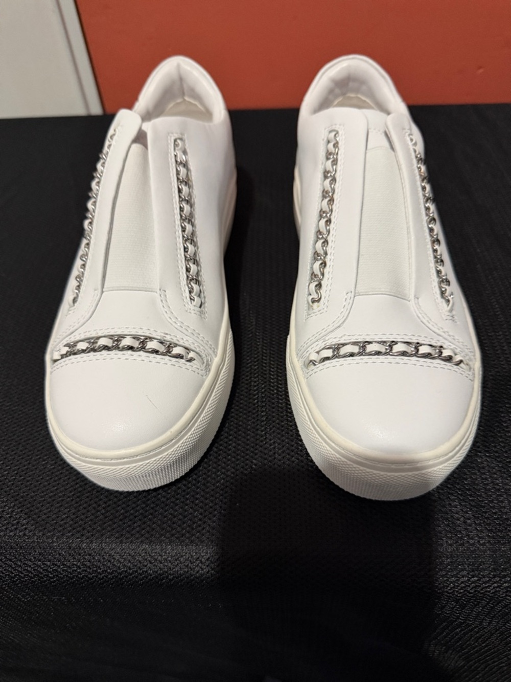 Karl Lagerfeld White Slip-On Sneakers with Silver Chain Trim